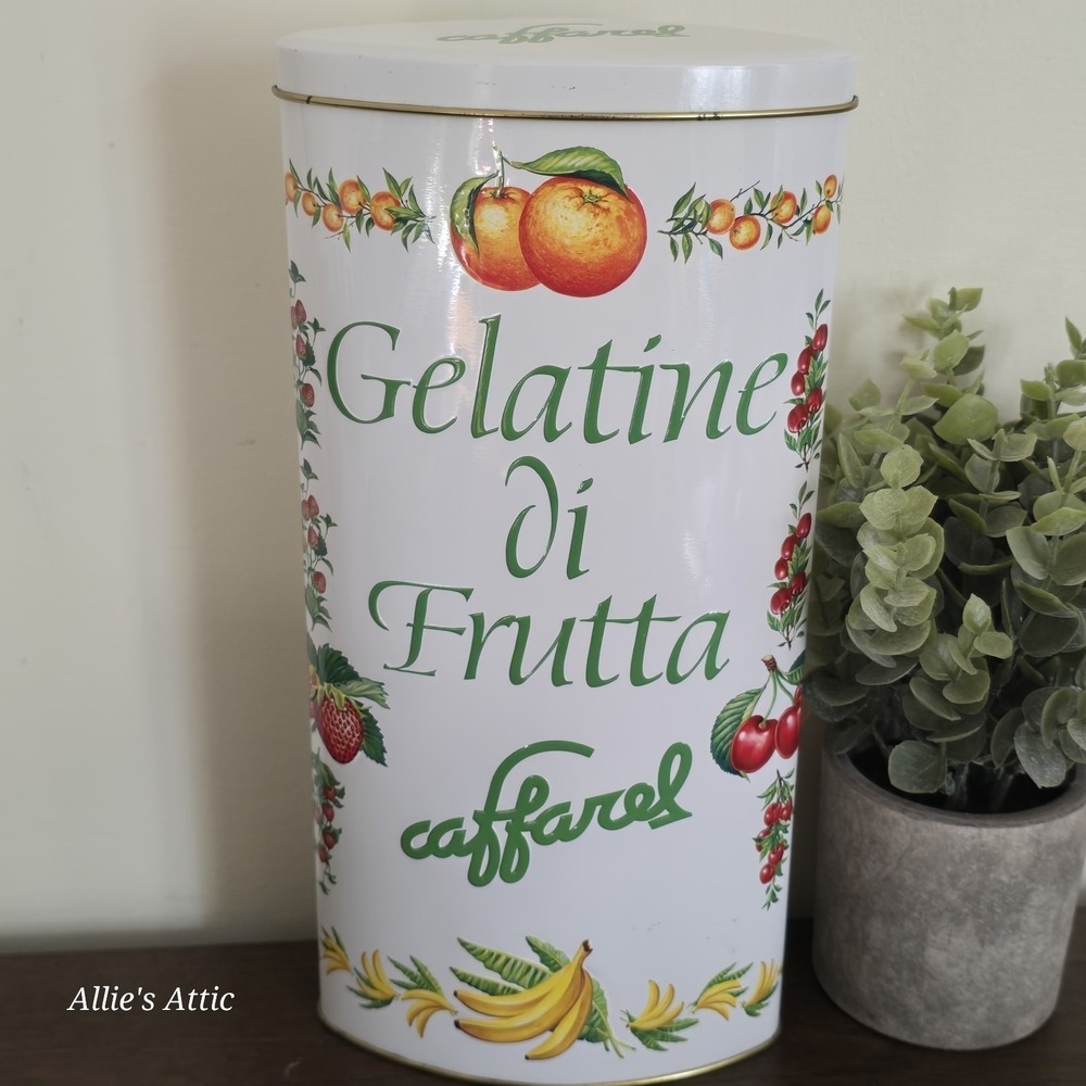 Caffarel Gelatine Metal Vtg Decorative Fruit Cookie Tin Canister Decor Italy 11"